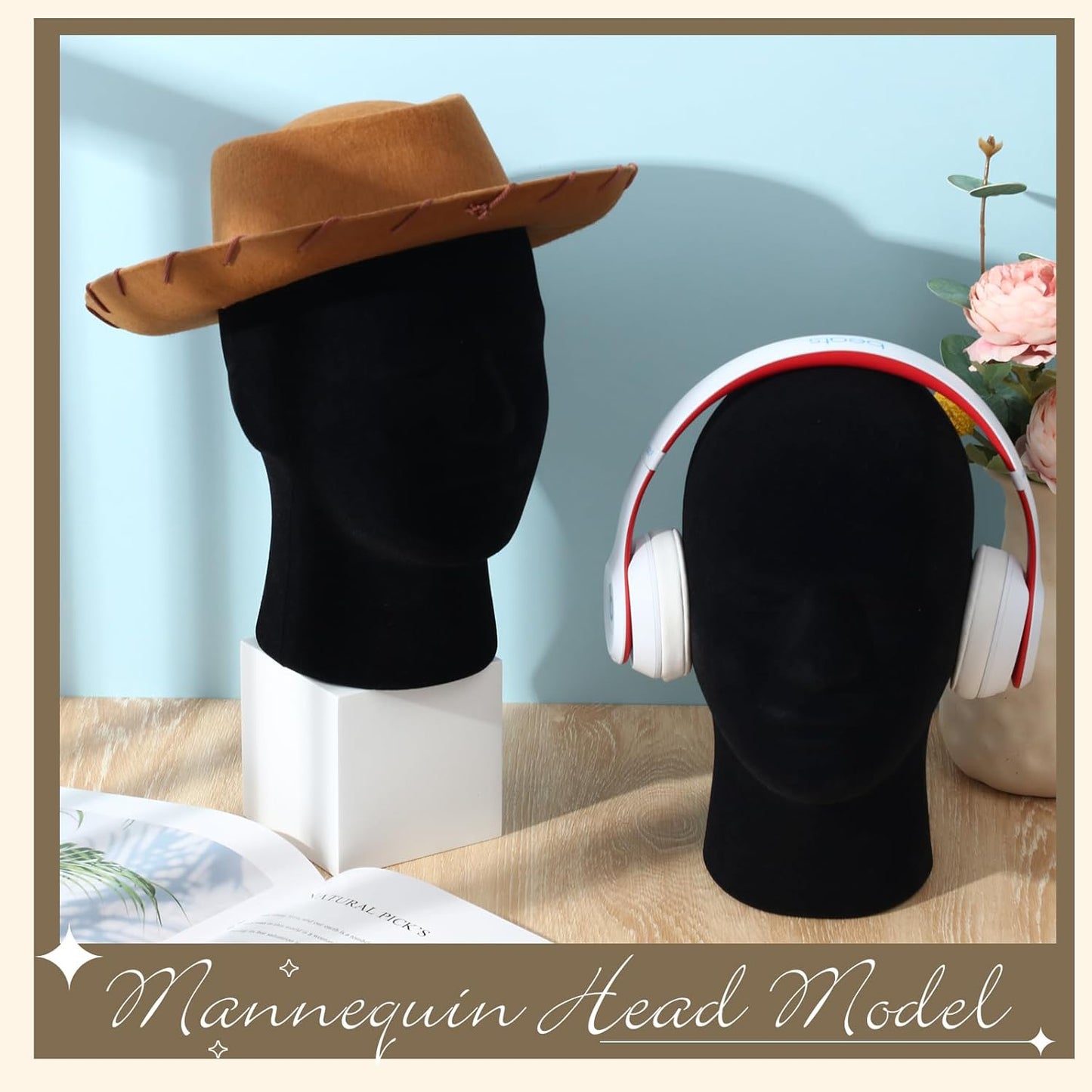 4 Pcs Black Mannequin Head Stand Model Male Wigs Display Model Velvet Foam Mask Display Stand Headsets Mount Manikin Head or Wig Hat Glasses