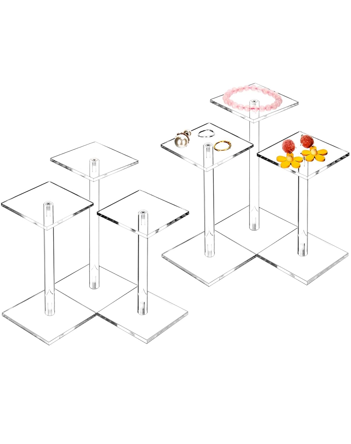 Square Acrylic Display Stand, 2 Sets of 3 Each Acrylic Jewelry Display Stand, T-Shape Display Rack for Watches Earring Necklace Bracelet, 4.8"/5.4"/6.5" Height