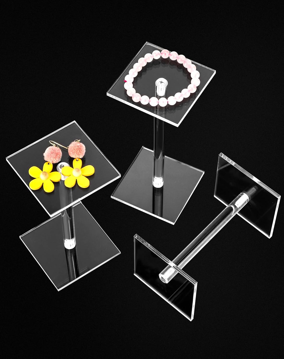 Square Acrylic Display Stand, 2 Sets of 3 Each Acrylic Jewelry Display Stand, T-Shape Display Rack for Watches Earring Necklace Bracelet, 4.8"/5.4"/6.5" Height
