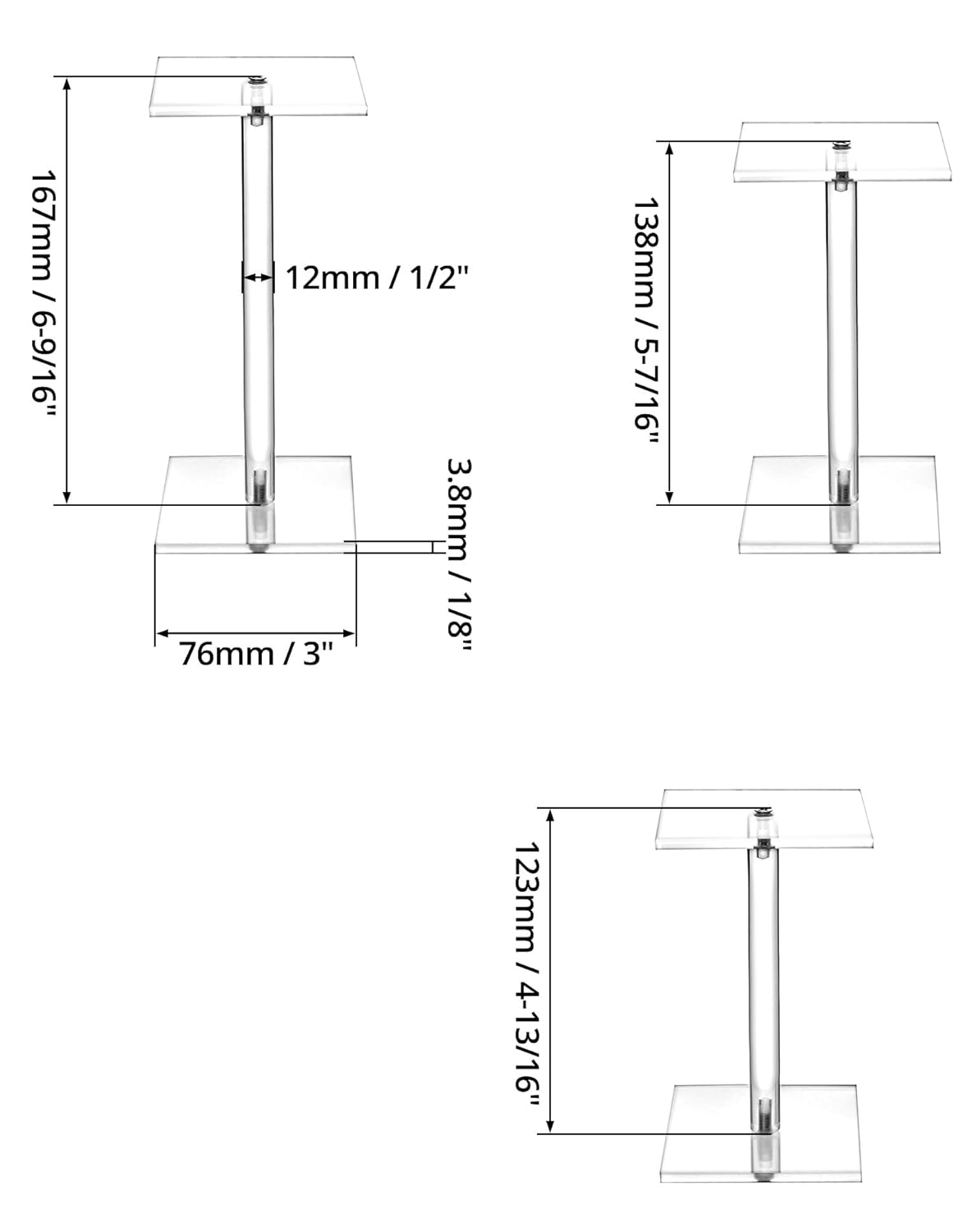 Square Acrylic Display Stand, 2 Sets of 3 Each Acrylic Jewelry Display Stand, T-Shape Display Rack for Watches Earring Necklace Bracelet, 4.8"/5.4"/6.5" Height