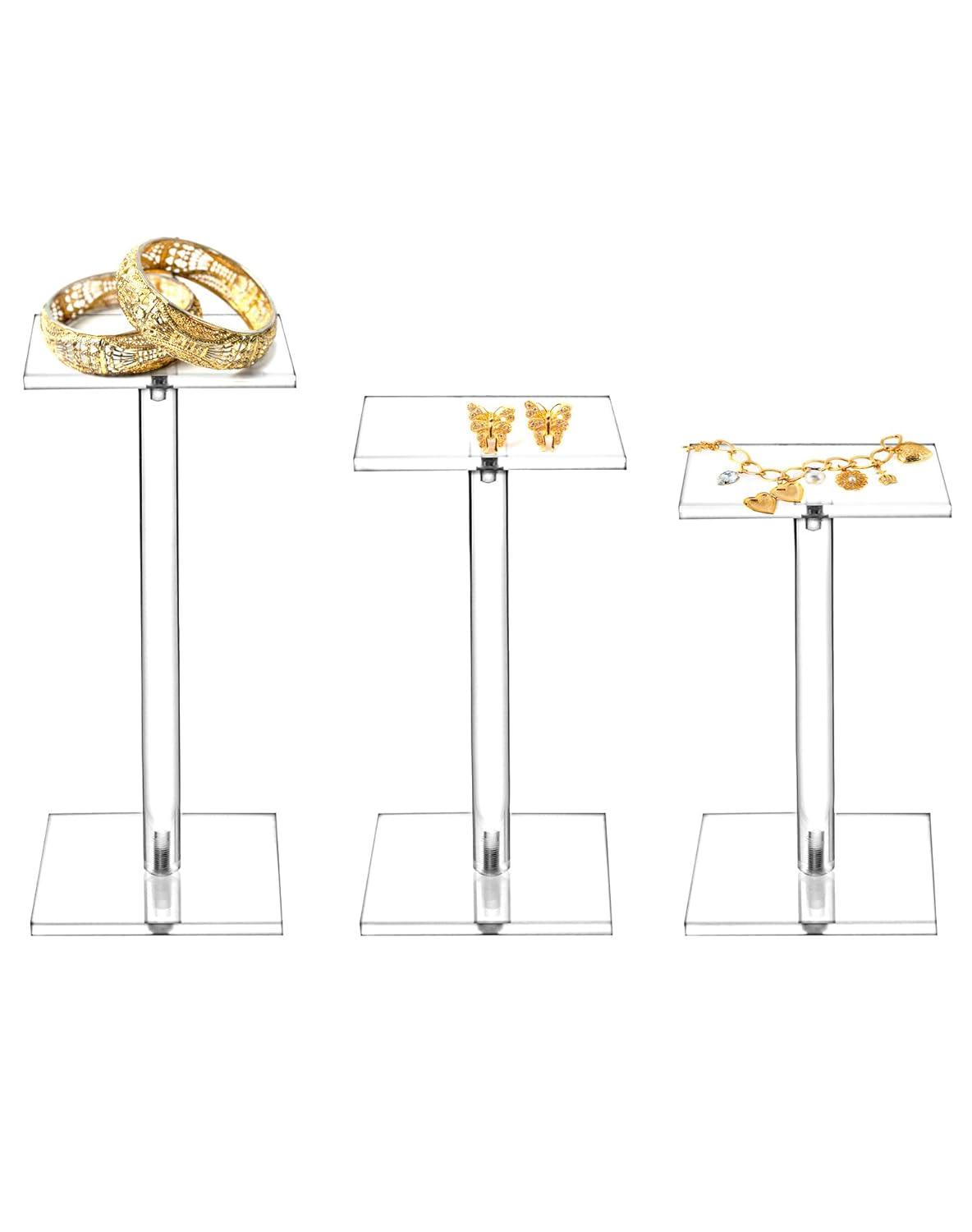 Square Acrylic Display Stand, 2 Sets of 3 Each Acrylic Jewelry Display Stand, T-Shape Display Rack for Watches Earring Necklace Bracelet, 4.8"/5.4"/6.5" Height
