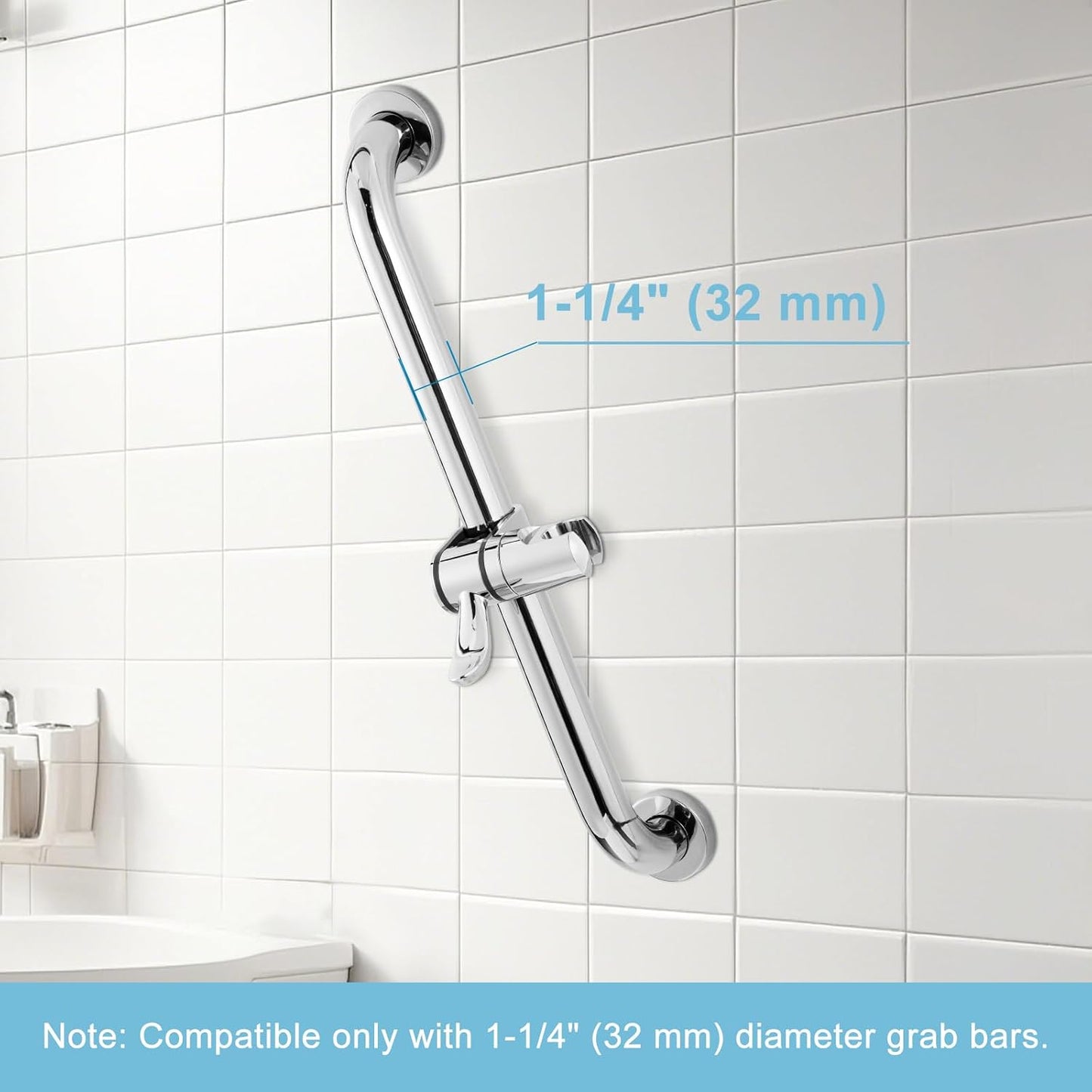 ADA Handshower Shower Grab Bar Head Holder, Universal Fit 1.25''(32mm) Hand Held Shower Bracket for Handicap Grab Bar, Detachable Bathroom Replacement, 360 Degree Rotation Sprayer Holder, Chrome