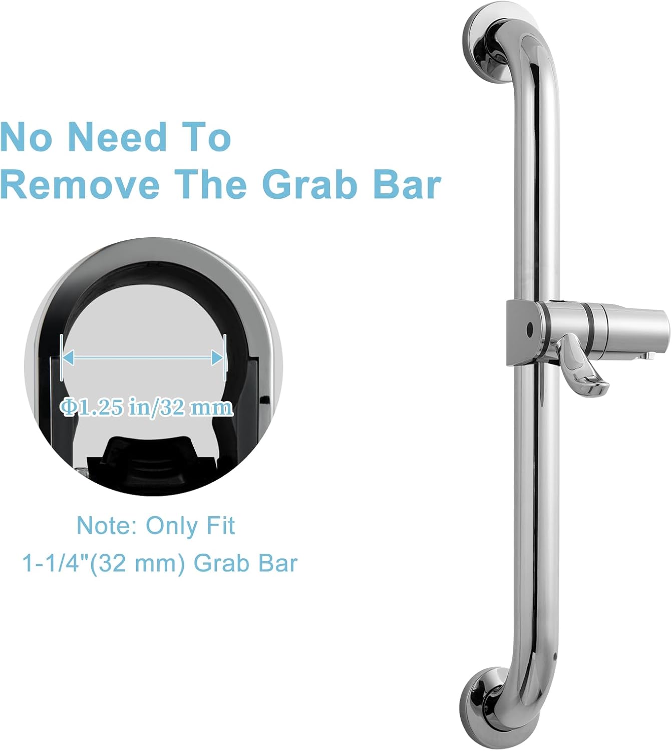 ADA Handshower Shower Grab Bar Head Holder, Universal Fit 1.25''(32mm) Hand Held Shower Bracket for Handicap Grab Bar, Detachable Bathroom Replacement, 360 Degree Rotation Sprayer Holder, Chrome
