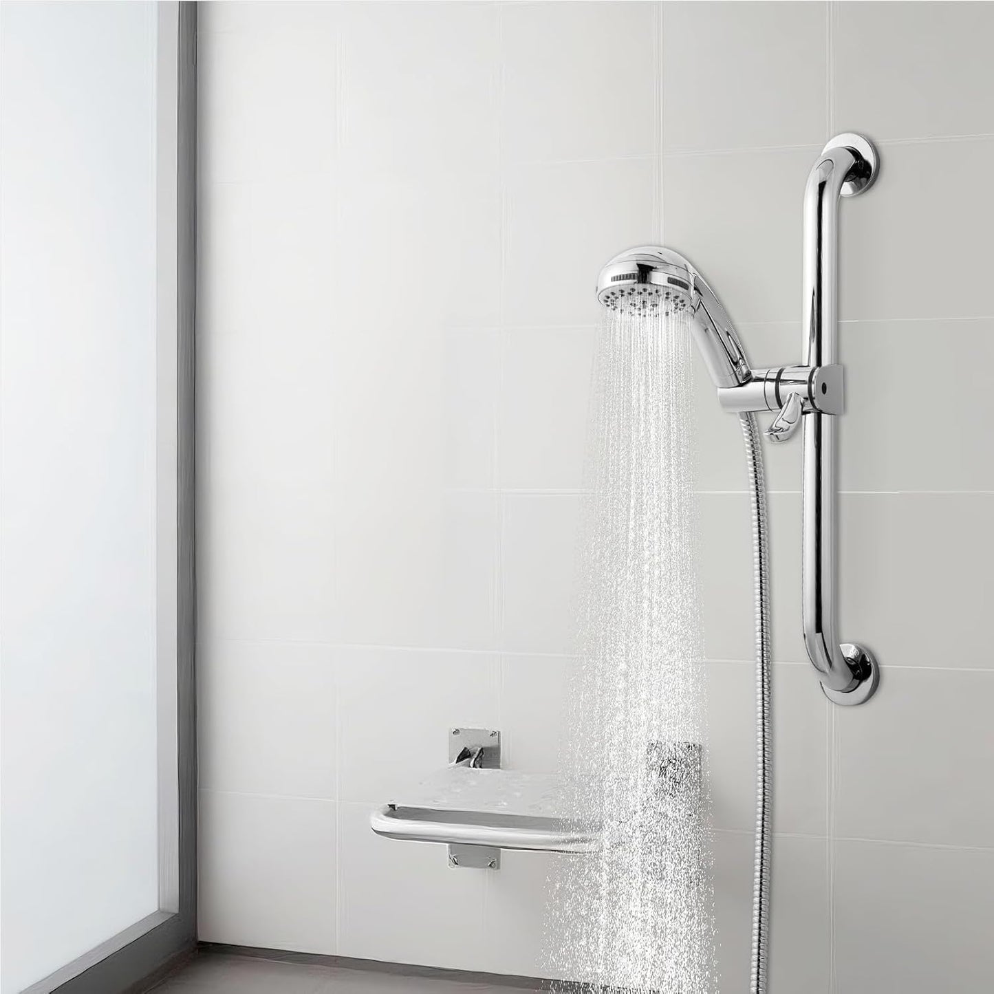 ADA Handshower Shower Grab Bar Head Holder, Universal Fit 1.25''(32mm) Hand Held Shower Bracket for Handicap Grab Bar, Detachable Bathroom Replacement, 360 Degree Rotation Sprayer Holder, Chrome