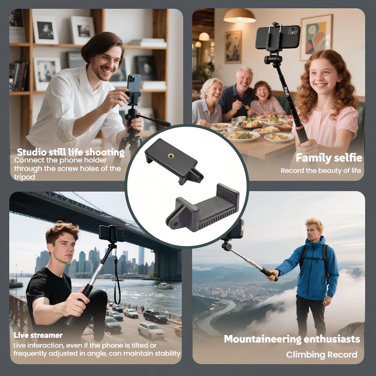All Phone Holder – No Tools Needed! Spring Clamp Fits 55-85mm Phones, Sturdy E-Base for Car Rides, Zoom Calls & Outdoor Filming 360° Adjustable, Soft TPU Padding | Gym, Travel, Studio