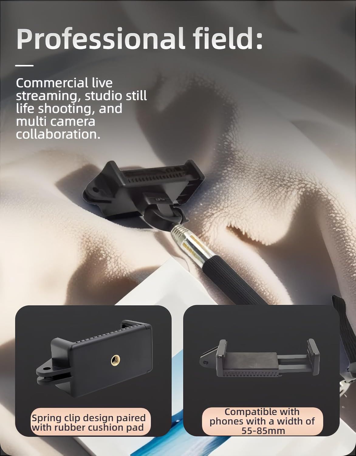 All Phone Holder – No Tools Needed! Spring Clamp Fits 55-85mm Phones, Sturdy E-Base for Car Rides, Zoom Calls & Outdoor Filming 360° Adjustable, Soft TPU Padding | Gym, Travel, Studio