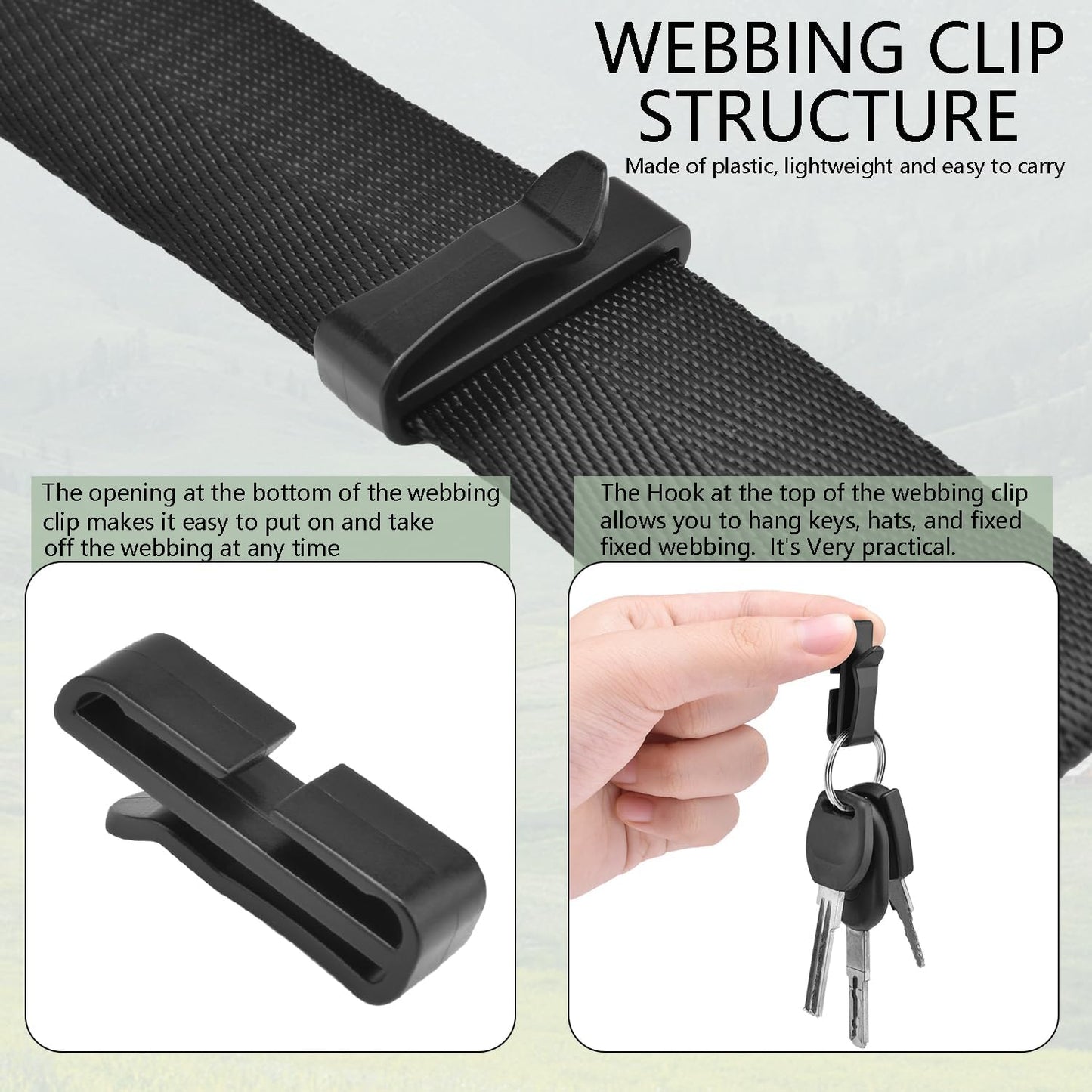 CooBigo Plastic Webbing Ending Clip, Tactical Molle Belt Clip Hook, Hiking Camping Backpack Helmet Goggle Webbing Clip