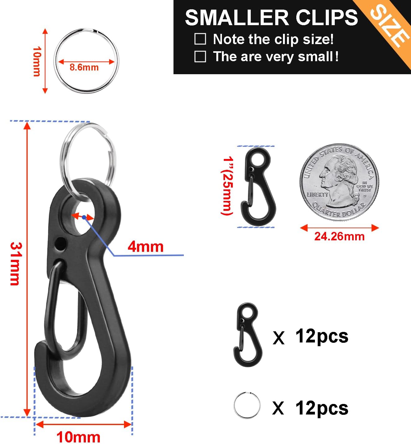 Small Carabiner Clip Metal Spring Snap Hooks Mini Paracord Hanging Clips for Camera Strap, Flashlight, Key Chain