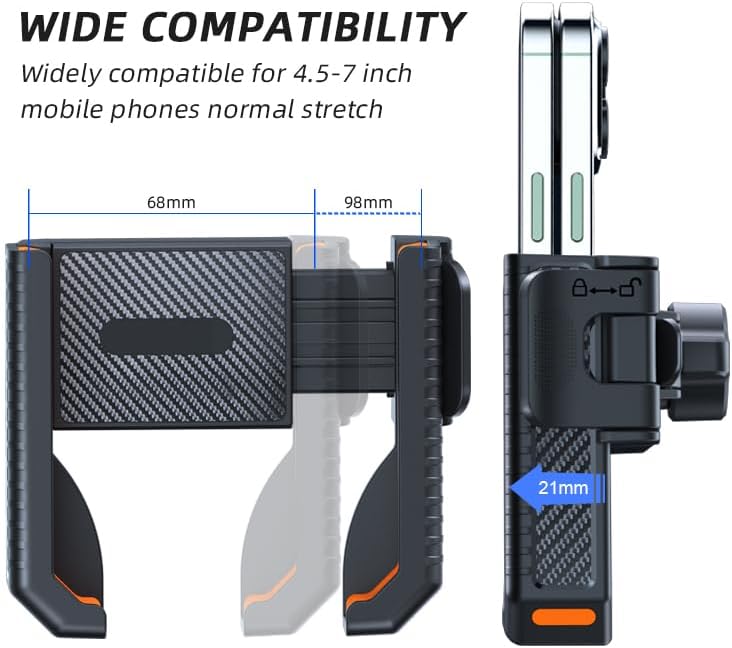 Bike Phone Mount, Motorcycle Phone Holder with Not Block Camera, Motorcycle Handlebar Cell Phone Clamp for iPhone 16, iPhone 15 Pro Max/Plus,14,S9, S10 and More 4.5" to 7" Phone
