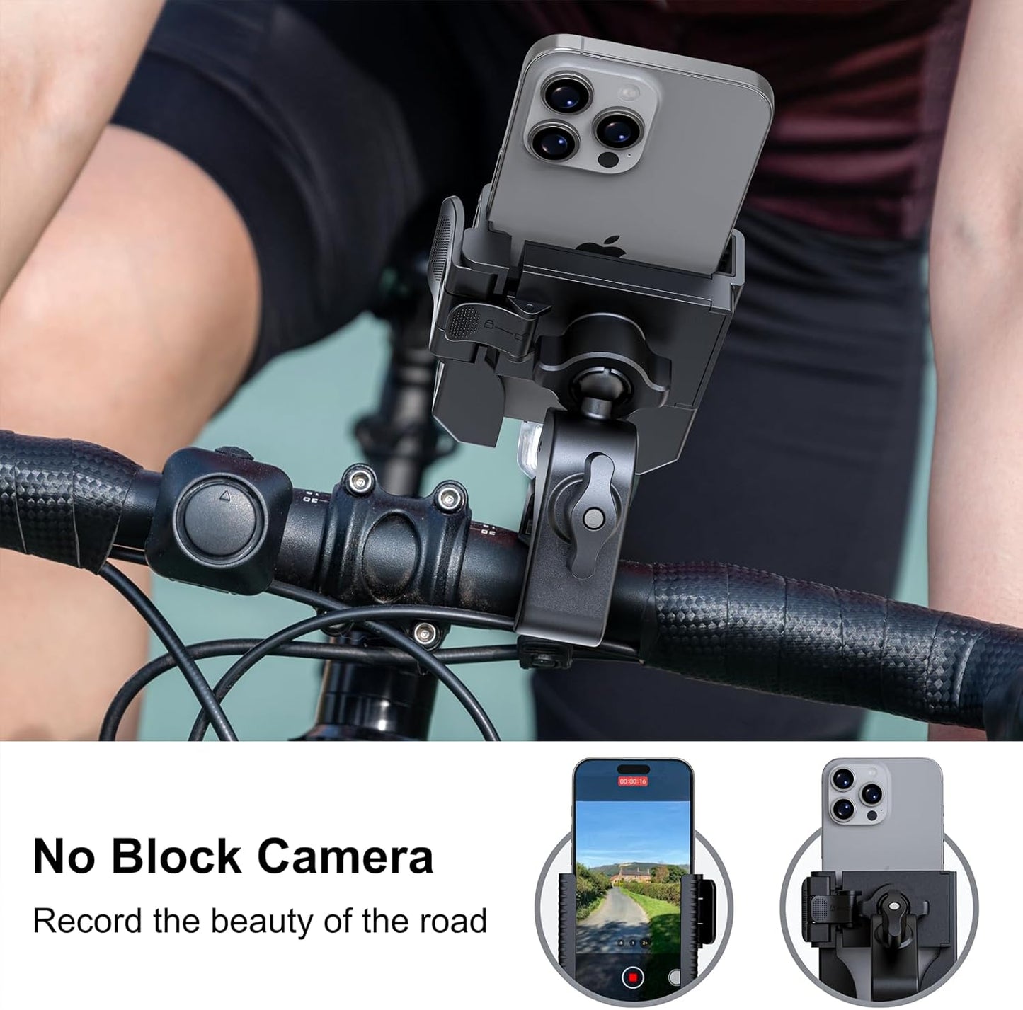 Bike Phone Mount, Motorcycle Phone Holder with Not Block Camera, Motorcycle Handlebar Cell Phone Clamp for iPhone 16, iPhone 15 Pro Max/Plus,14,S9, S10 and More 4.5" to 7" Phone