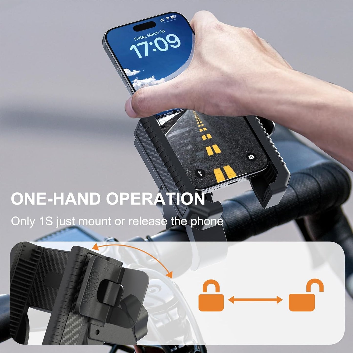 Bike Phone Mount, Motorcycle Phone Holder with Not Block Camera, Motorcycle Handlebar Cell Phone Clamp for iPhone 16, iPhone 15 Pro Max/Plus,14,S9, S10 and More 4.5" to 7" Phone