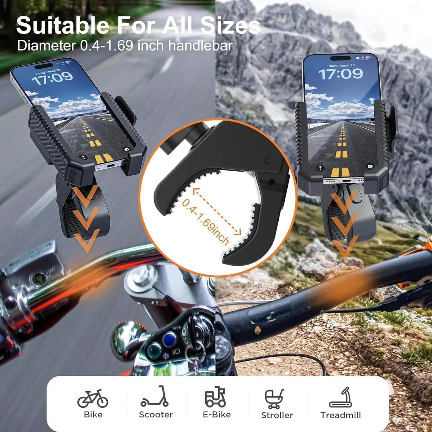 Bike Phone Mount, Motorcycle Phone Holder with Not Block Camera, Motorcycle Handlebar Cell Phone Clamp for iPhone 16, iPhone 15 Pro Max/Plus,14,S9, S10 and More 4.5" to 7" Phone