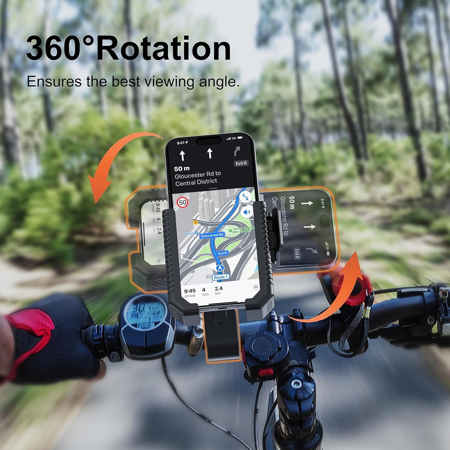 Bike Phone Mount, Motorcycle Phone Holder with Not Block Camera, Motorcycle Handlebar Cell Phone Clamp for iPhone 16, iPhone 15 Pro Max/Plus,14,S9, S10 and More 4.5" to 7" Phone