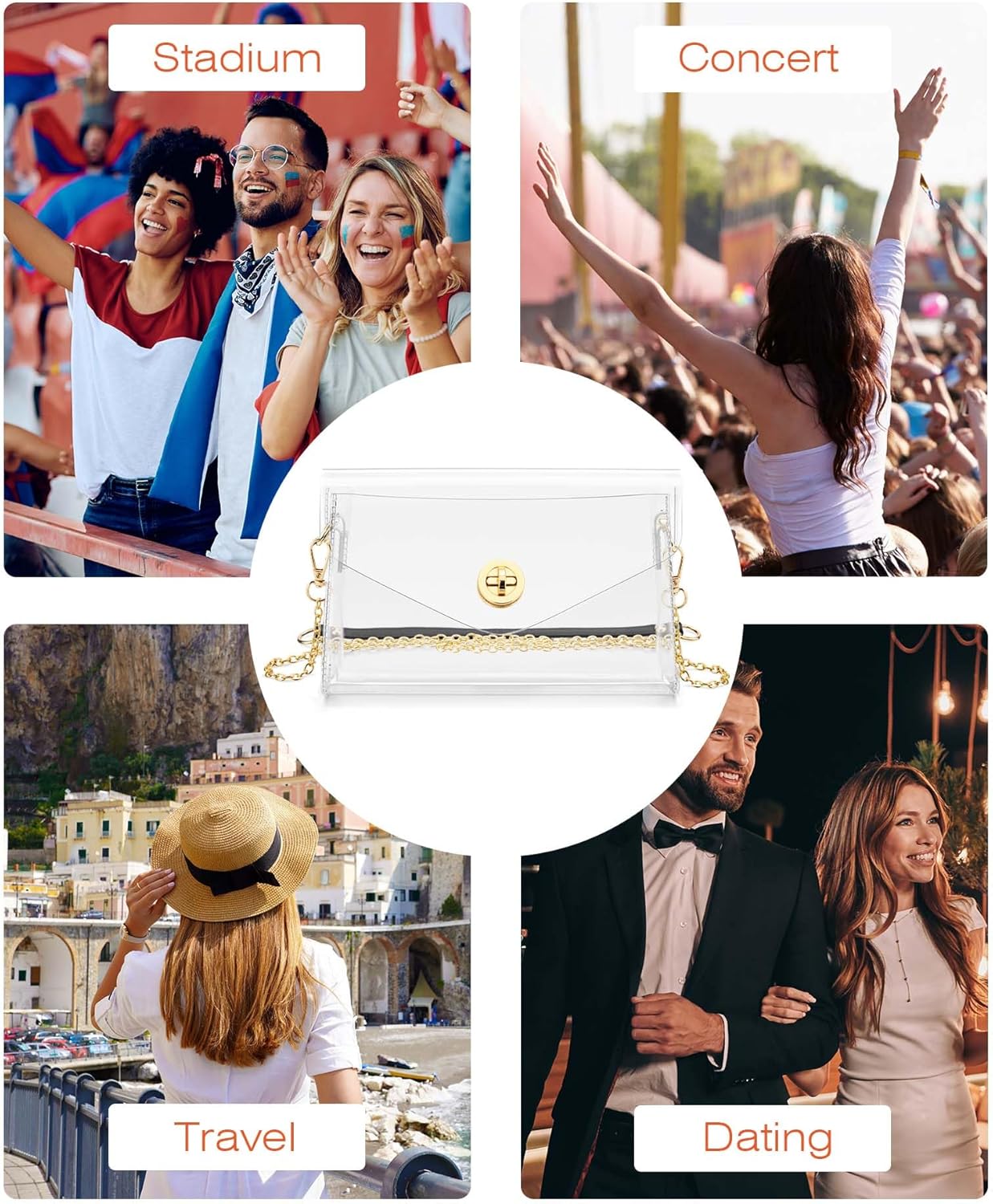 Clear Purse for Women, Clear Bag for Stadium Events, Crossbody Bag Stadium Approved for Sports Concerts Outfits