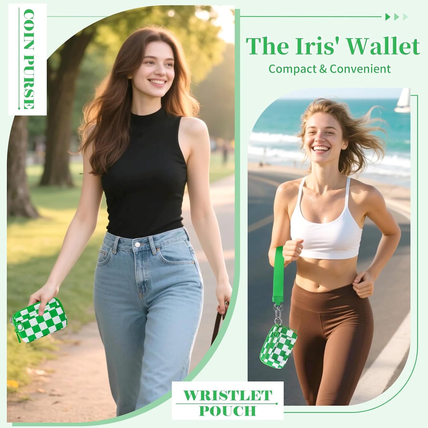 The Iris' Wallet Wristlet Pouch 2nd Gen for Women/Men,Iris Carry All Wallet Zip Card Case with ID Window,Portable Change Coin Purse,Waterproof Nylon Keychain Purse for Travel Daily(Green)