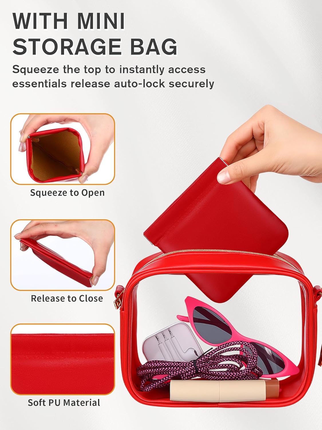 Clear Purse Stadium Approved Bag Small Crossbody with for Men Women Concerts Sports Events Red