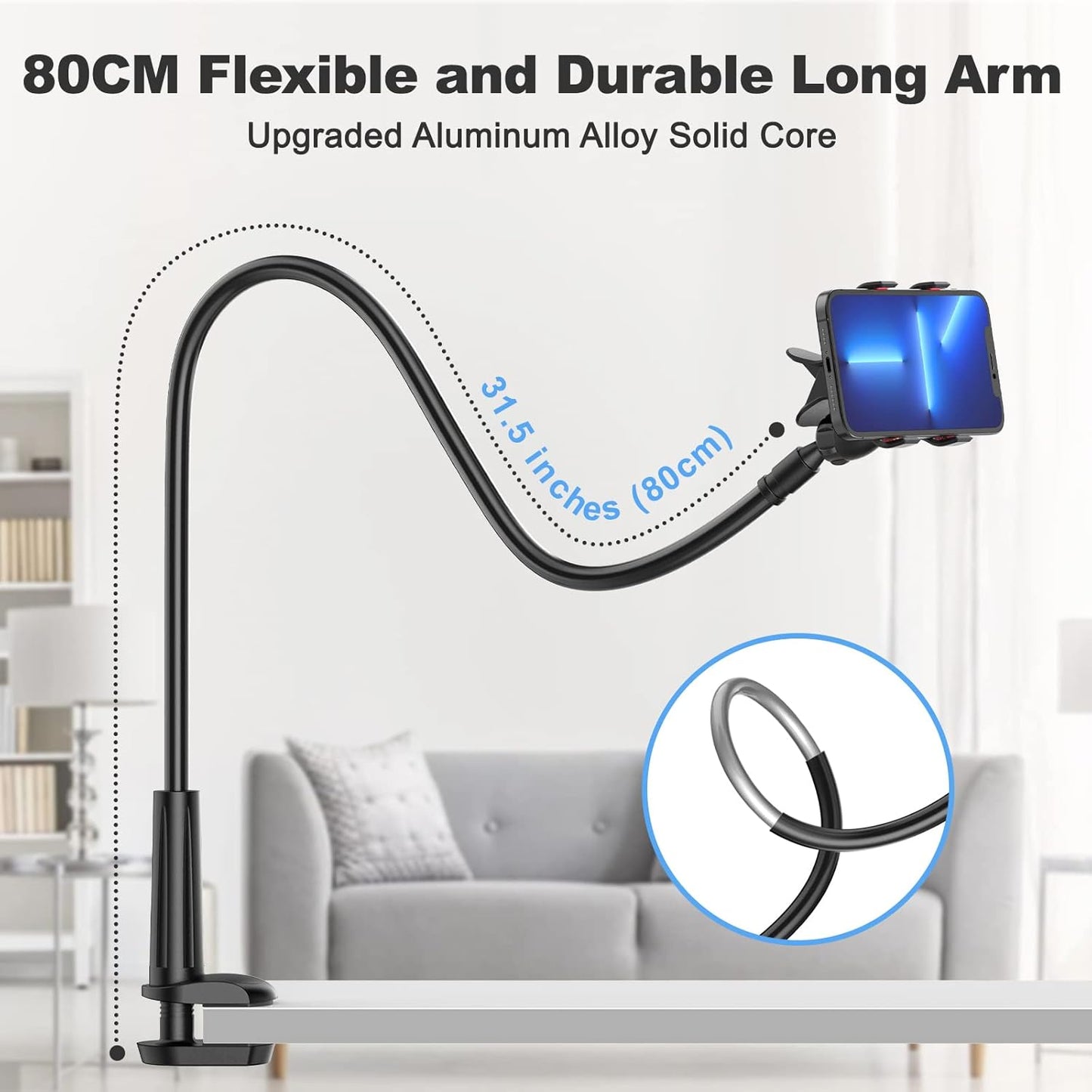 Gooseneck Cell Phone Holder, Universal 360 Flexible Phone Stand Lazy Bracket Mount Long Arms Clamp for Phone 13 Pro Xs Max XR X 8 7 6 6s Plus and Other 3.5~6.7'' Device (Black）