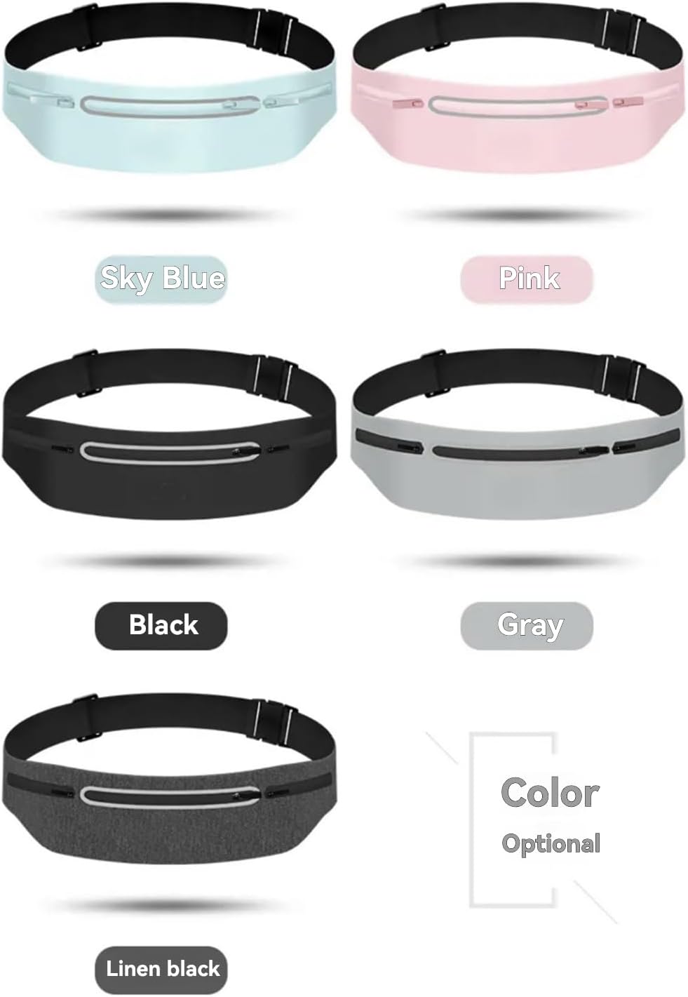 Waterproof Sports Waist Pack with 3 Zippered Compartments for Running, Gym, Hiking - Adjustable 55-120cm Belt, Fits 7.5" Phones - Black, Pink, Grey, Sky Blue, Dark Grey