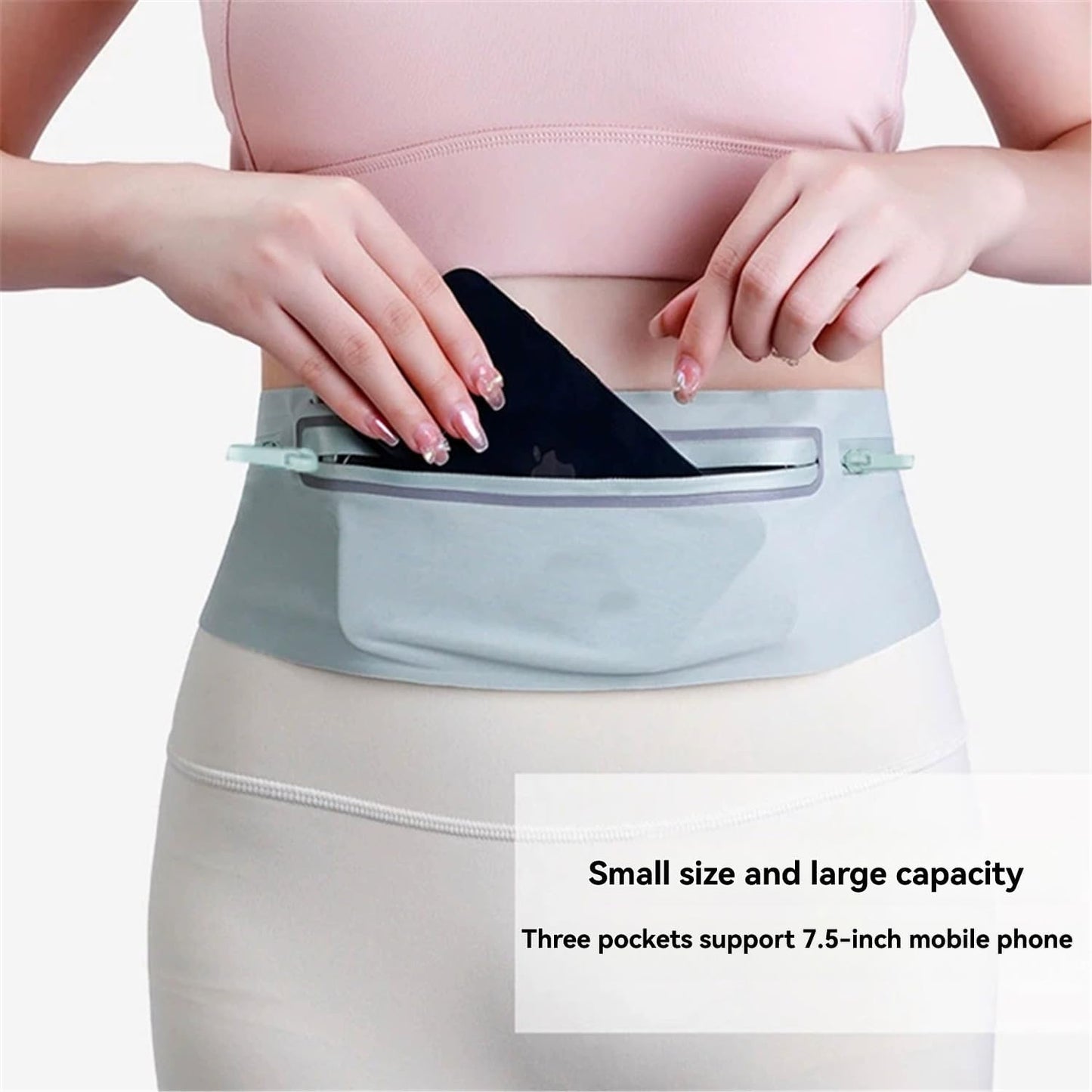 Waterproof Sports Waist Pack with 3 Zippered Compartments for Running, Gym, Hiking - Adjustable 55-120cm Belt, Fits 7.5" Phones - Black, Pink, Grey, Sky Blue, Dark Grey