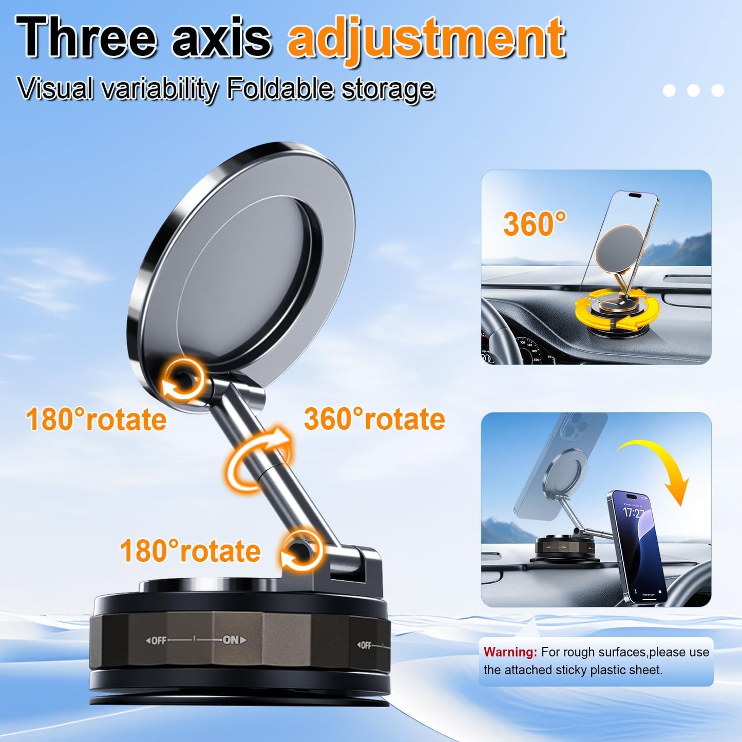 Vacuum Magnetic Car Phone Holder for Magsafe, 360° Adjustable Mount[90+LBS Suction & 2500gf Magnetic], Cell Holders Your Mount iPhone Android -