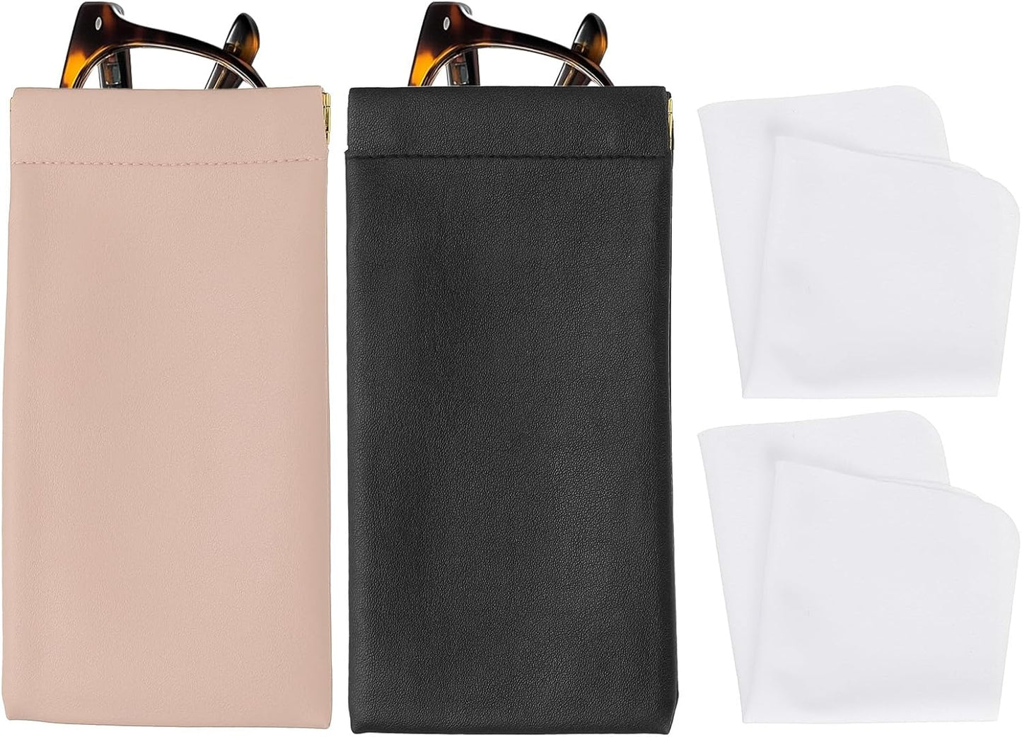 Squeeze Top Sunglass Pouch, PU Leather Soft Eyeglass Pouch Portable Travel Sunglasses Pouch(2 Set) White/Pink White -