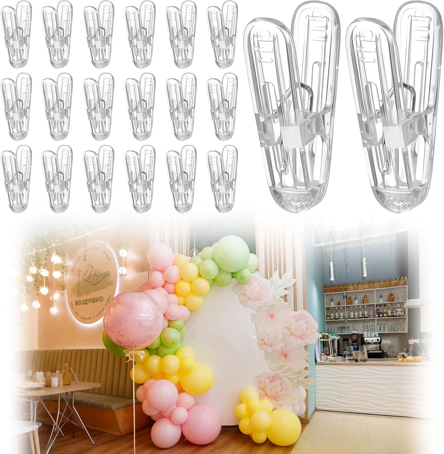 Plastic clips - pack of 20 - Balloon arch clips - Plastic spring clips - 2.4 inches - Sturdy clips - For balloon arch sets - Birthday decorations - Crafting - Backdrops - Clear
