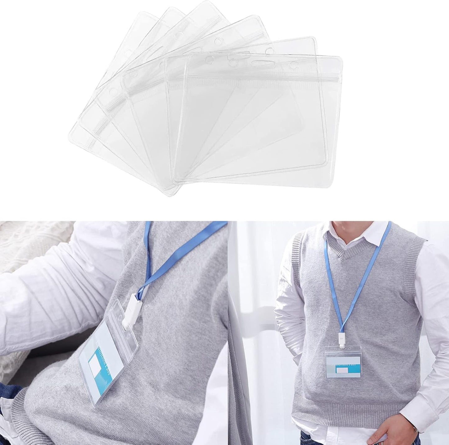 5-piece plastic card holder - clear waterproof plastic badge holder - clear branded badge ID holder - wallet holder - double-sided badge holder - lanyard card holder for home, office and school