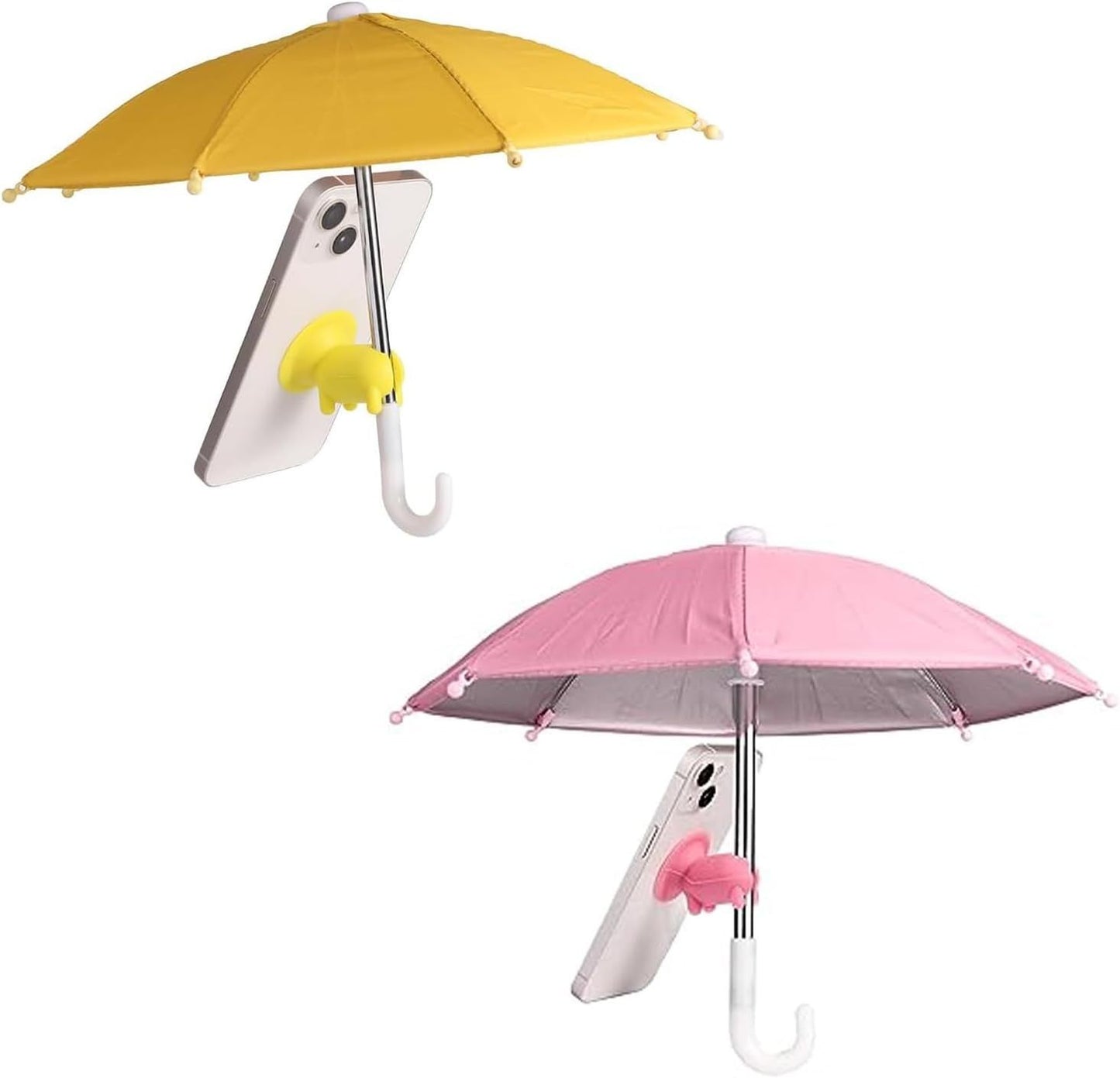 2pcs Cell Phone Umbrella or Sun Shade, Universal Adjustable Cute Phone Shade Umbrella with Piggy Style Suction Cup, Outdoor Anti-Glare Stand Sun Visor (Yellow & Pink)