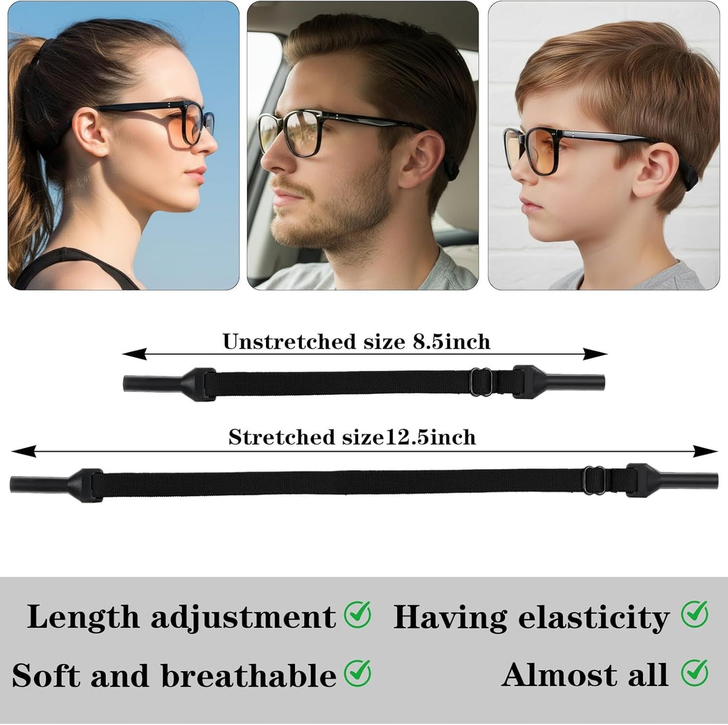 4 Pack Athletic Straps for Glasses, Adjustable Glasses Strap for Sports, Anti-Slip Pilotfish Glass Straps for Eyeglasses & Sunglasses, 8.5-12.5 Inch, Running, Cycling & Daily Use