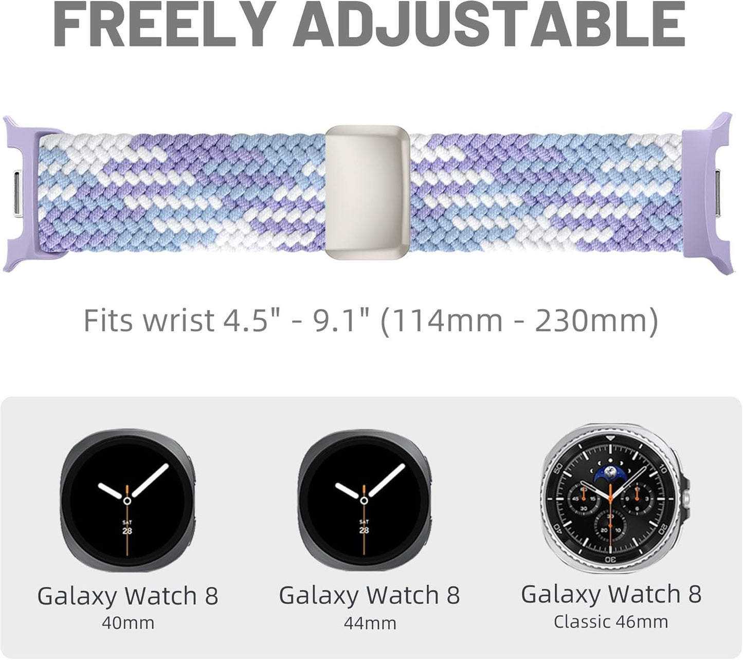 Magnetic Braided Band Compatible with Samsung Galaxy Watch 8 Band 40mm 44mm/Galaxy Watch 8 Classic 46mm Women Men, Stretchy Nylon Fabric Sport Strap No Gap Soft Comfort Wristband Accessories