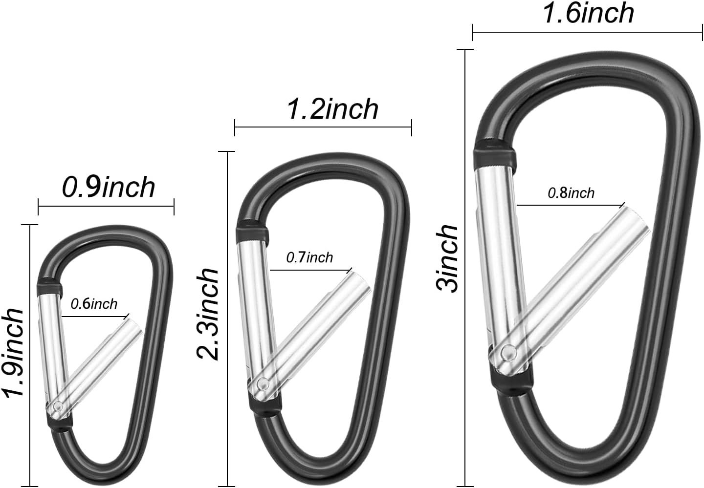 Carabiner Clip Multi Size Pack, Aluminum Carabiner Includes Small 2 Inch Carbineers, Medium 2.3" D Ring Clip, Large 3 Inch Caribiner Heavy Duty for Backpack