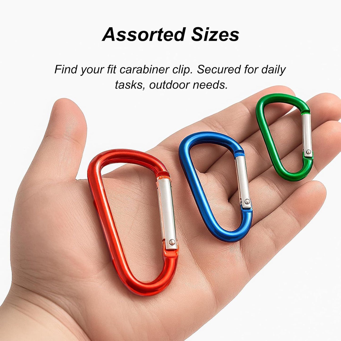 Carabiner Clip Multi Size Pack, Aluminum Carabiner Includes Small 2 Inch Carbineers, Medium 2.3" D Ring Clip, Large 3 Inch Caribiner Heavy Duty for Backpack
