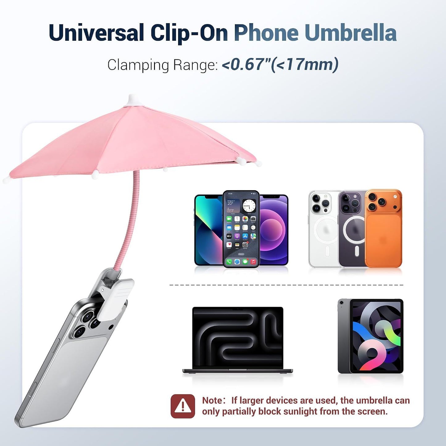 Phone Umbrella, UPF 45+ Clip-On Phone Umbrella Mini Tanning Cellphone Sun Shade Screen UV Protection for iPhone iPad Laptop Kindle Outdoor Travel Beach Pool Gifts Accessories Vacation Essentials