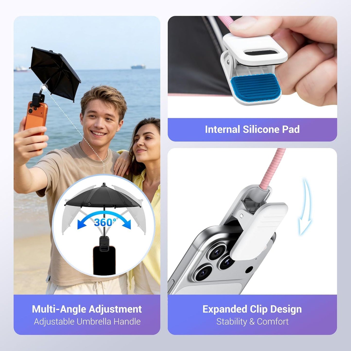 Phone Umbrella, UPF 45+ Clip-On Phone Umbrella Mini Tanning Cellphone Sun Shade Screen UV Protection for iPhone iPad Laptop Kindle Outdoor Travel Beach Pool Gifts Accessories Vacation Essentials