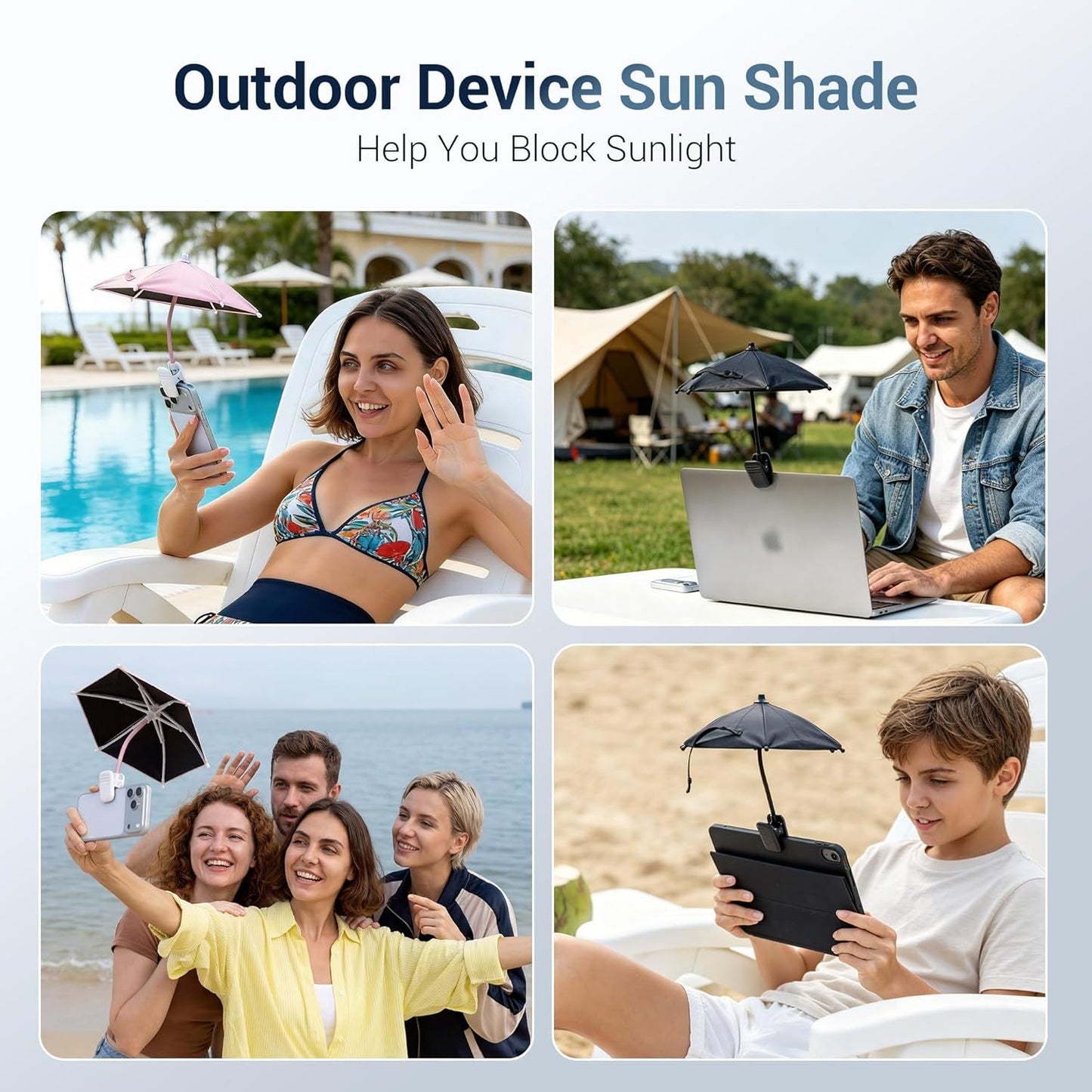 Phone Umbrella, UPF 45+ Clip-On Phone Umbrella Mini Tanning Cellphone Sun Shade Screen UV Protection for iPhone iPad Laptop Kindle Outdoor Travel Beach Pool Gifts Accessories Vacation Essentials