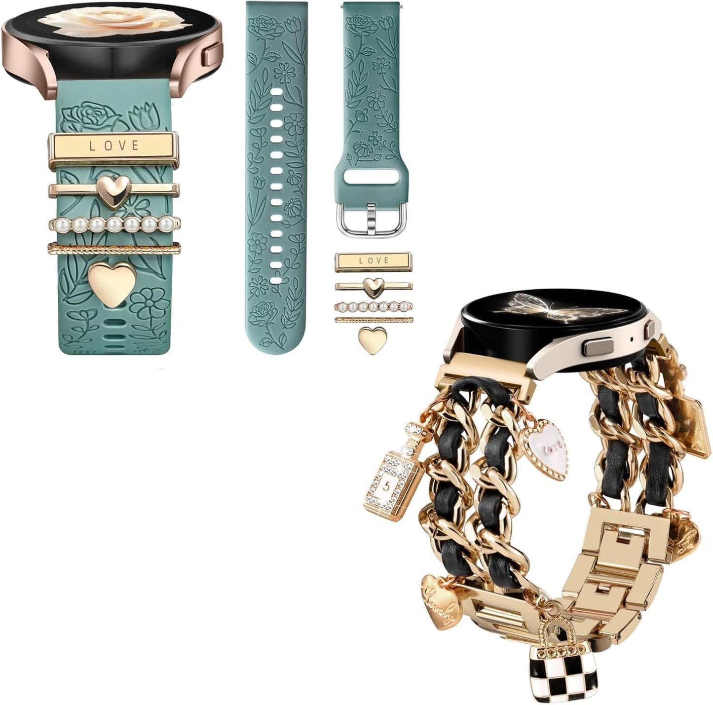 Flower Engraved Band and Stylish Metal Strap Compatible with Samsung Galaxy Watch 7 Band/FE 6 5 4 40mm 44mm,Galaxy Active 2, 20mm Watch Pretty Strap with Decorative Charms Accessories Women