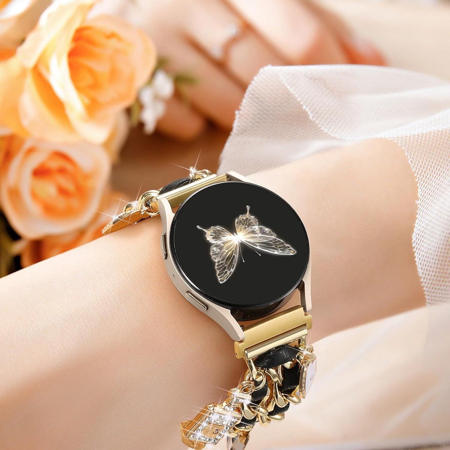 Flower Engraved Band and Stylish Metal Strap Compatible with Samsung Galaxy Watch 7 Band/FE 6 5 4 40mm 44mm,Galaxy Active 2, 20mm Watch Pretty Strap with Decorative Charms Accessories Women