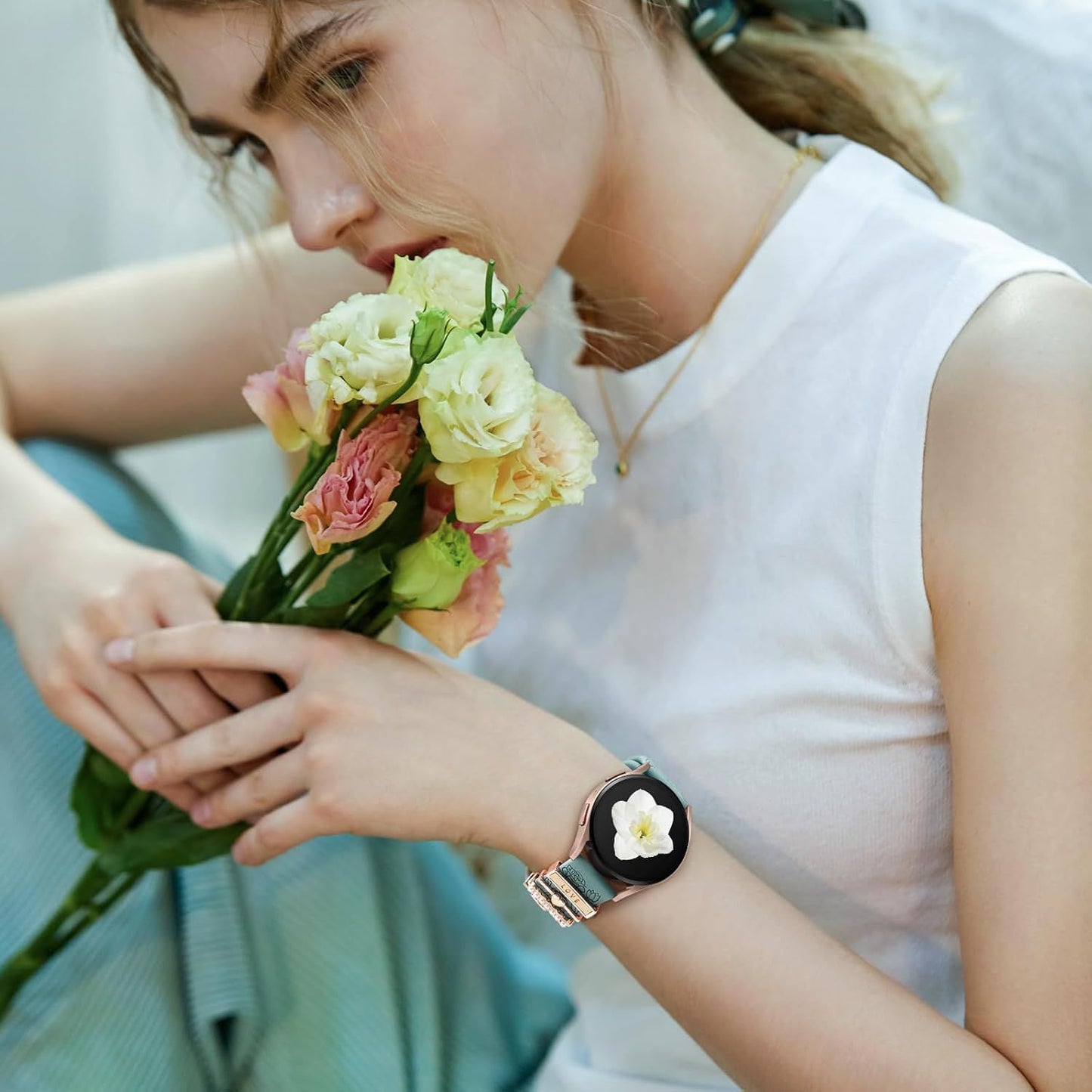 Flower Engraved Band and Stylish Metal Strap Compatible with Samsung Galaxy Watch 7 Band/FE 6 5 4 40mm 44mm,Galaxy Active 2, 20mm Watch Pretty Strap with Decorative Charms Accessories Women