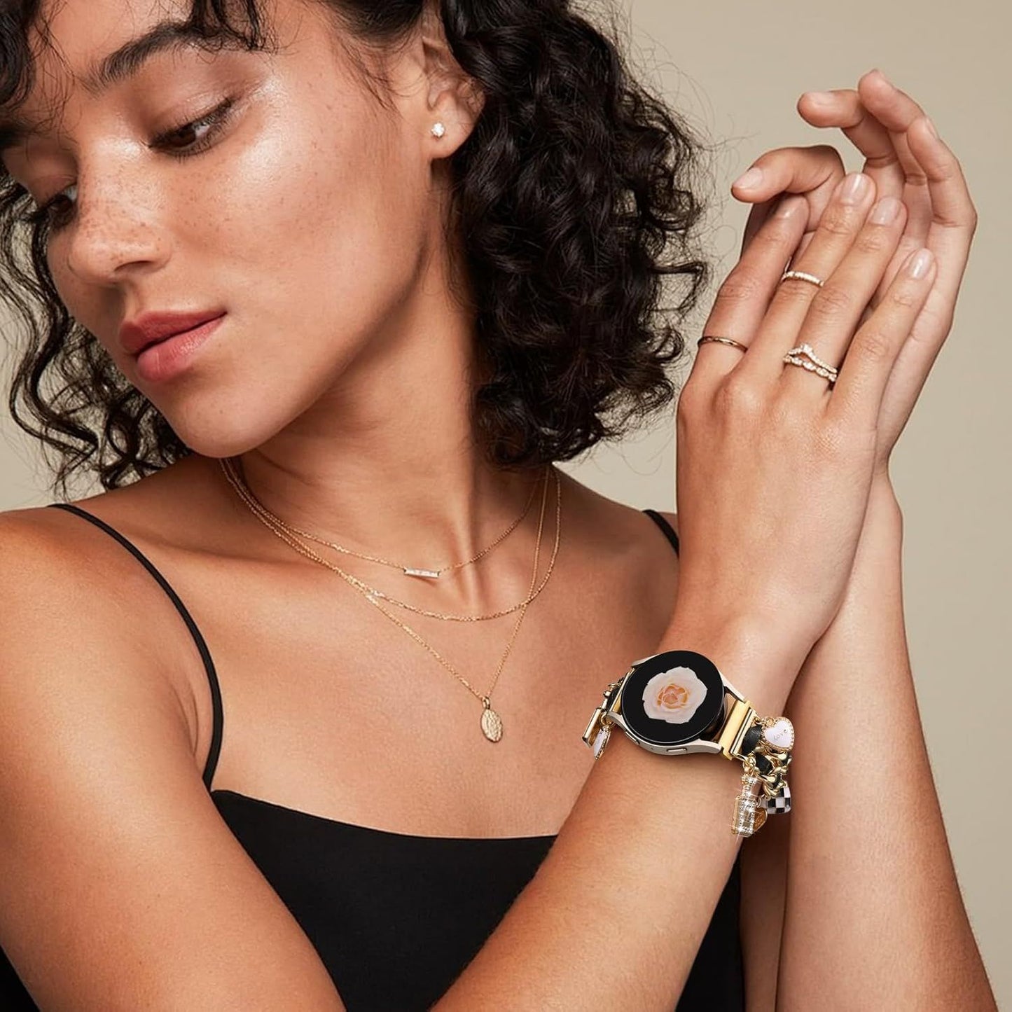 Flower Engraved Band and Stylish Metal Strap Compatible with Samsung Galaxy Watch 7 Band/FE 6 5 4 40mm 44mm,Galaxy Active 2, 20mm Watch Pretty Strap with Decorative Charms Accessories Women