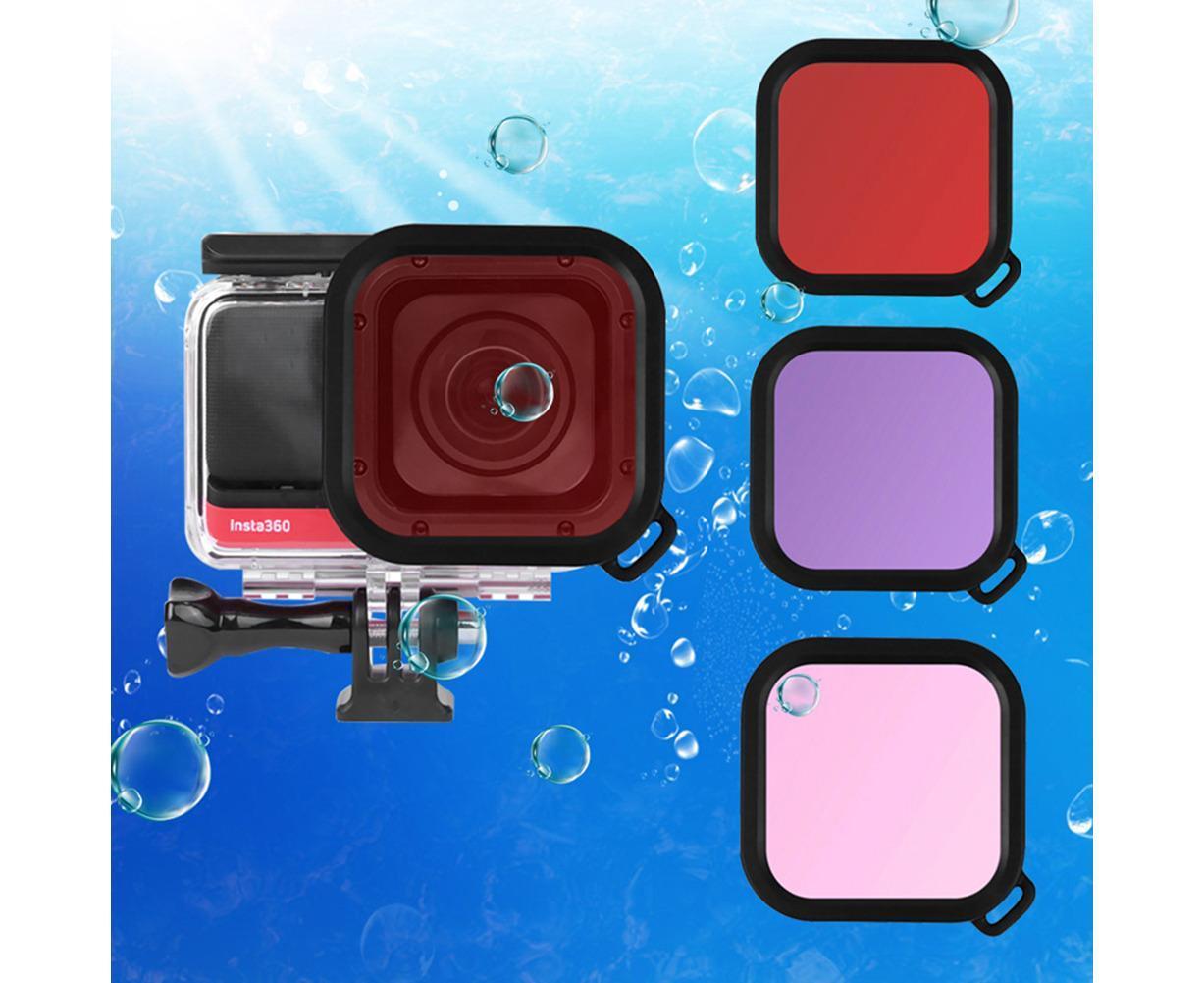 3Pcs Diving Waterproof Housing Case Lens Filter Set for Insta360 One R Camera Red+Pink+Purple