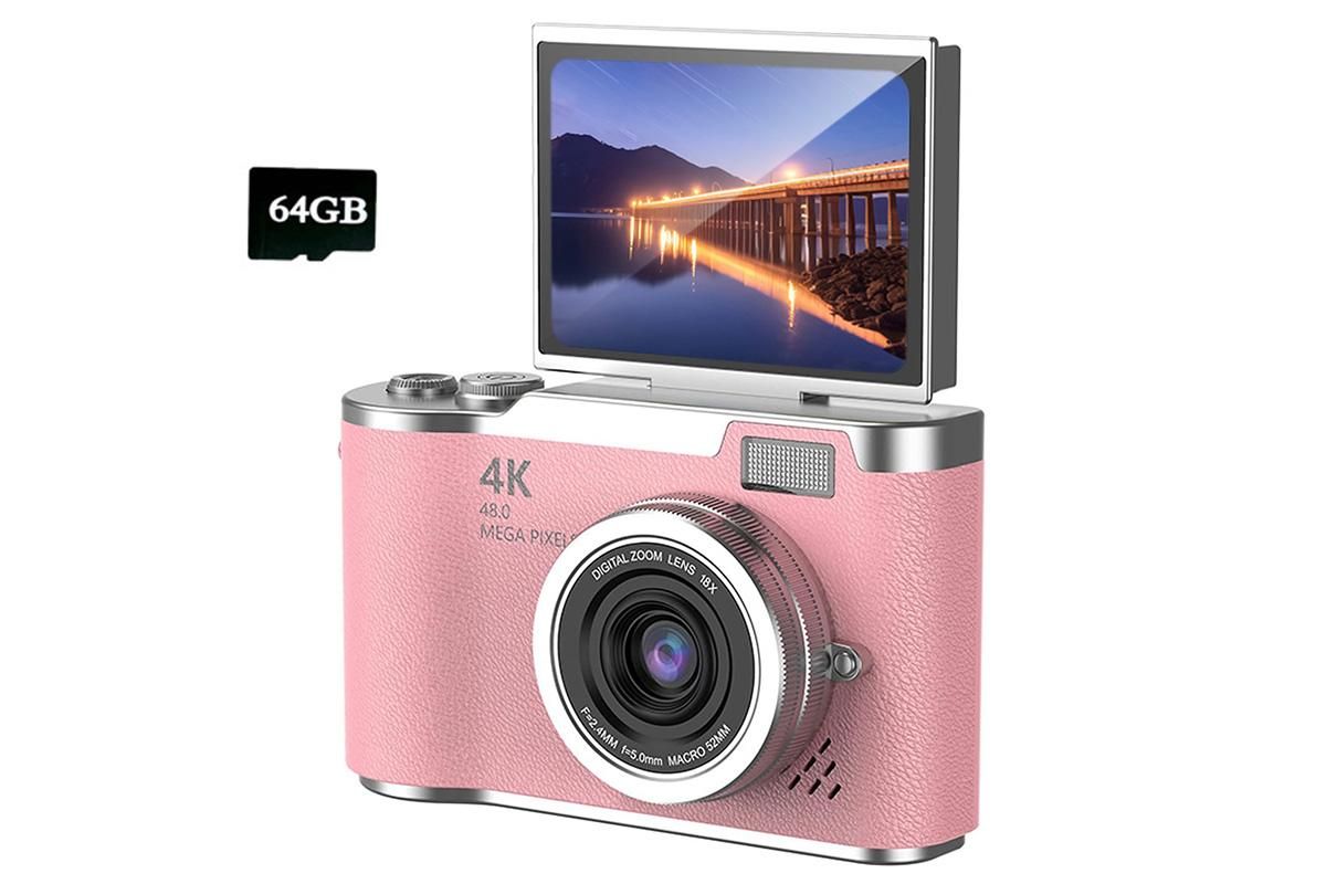 HD 1080P Flip Screen Retro Digital Camera 2.4-inch Display with 64GB TF Card - Pink