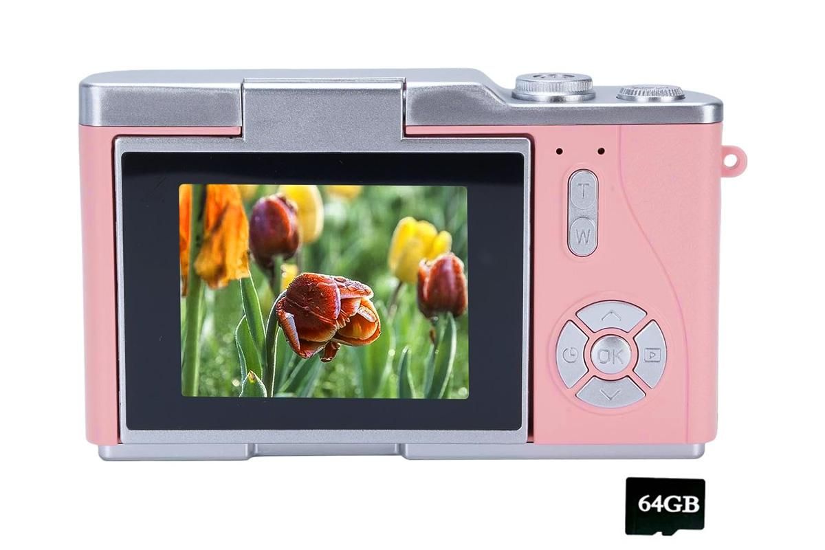 HD 1080P Flip Screen Retro Digital Camera 2.4-inch Display with 64GB TF Card - Pink