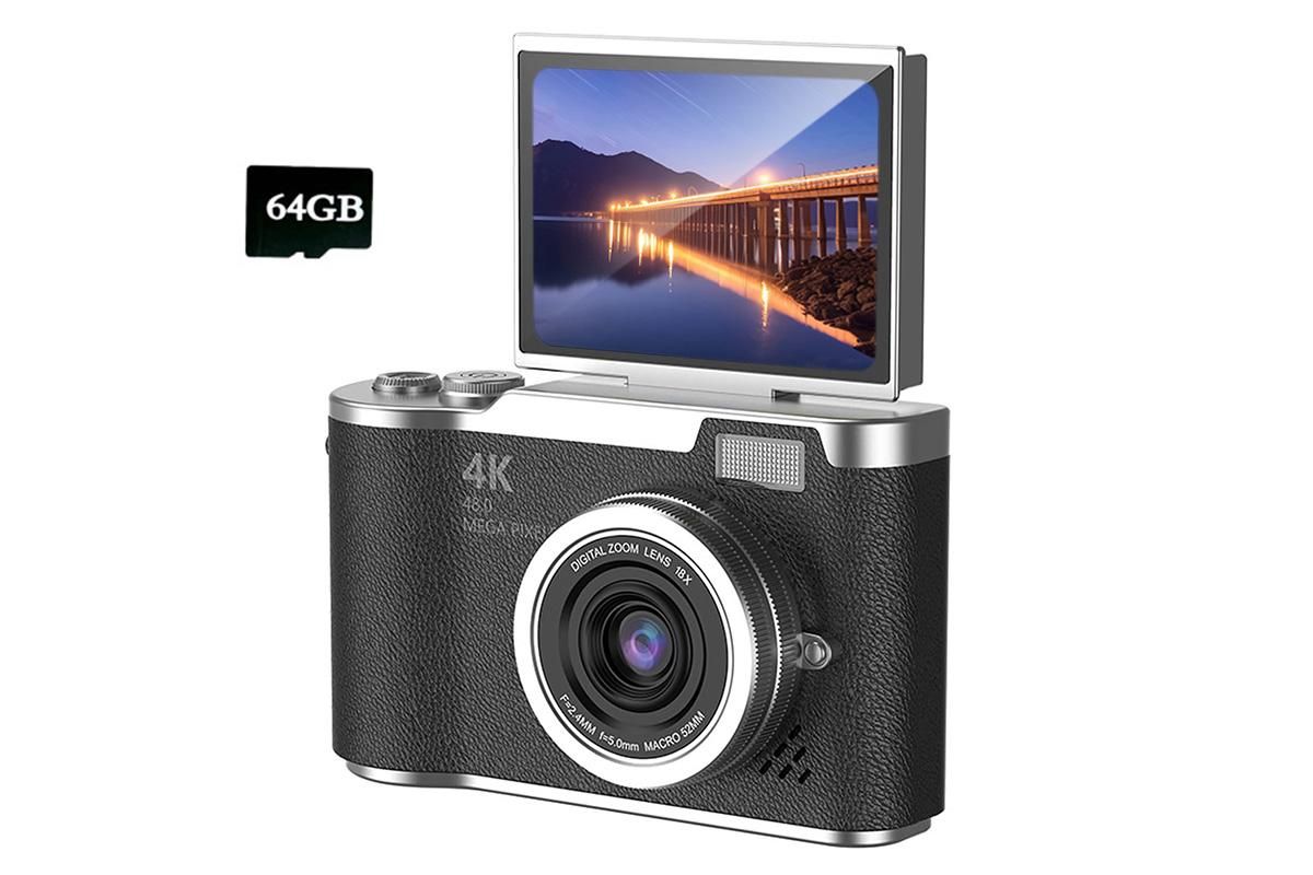 HD 1080P Flip Screen Retro Digital Camera 2.4-inch Display with 64GB TF Card - White