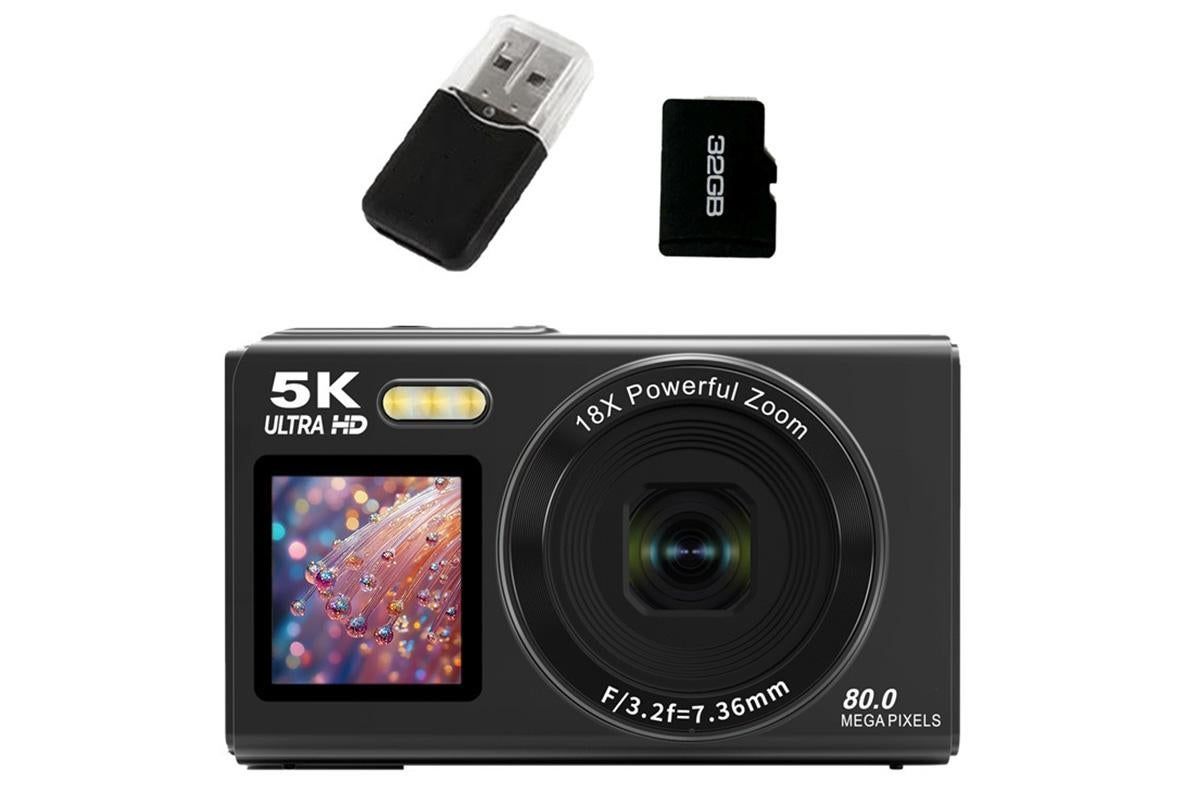 5K HD Dual Screen Digital Camera Point and Shoot Selfie Camera with LED Fill Light - Black