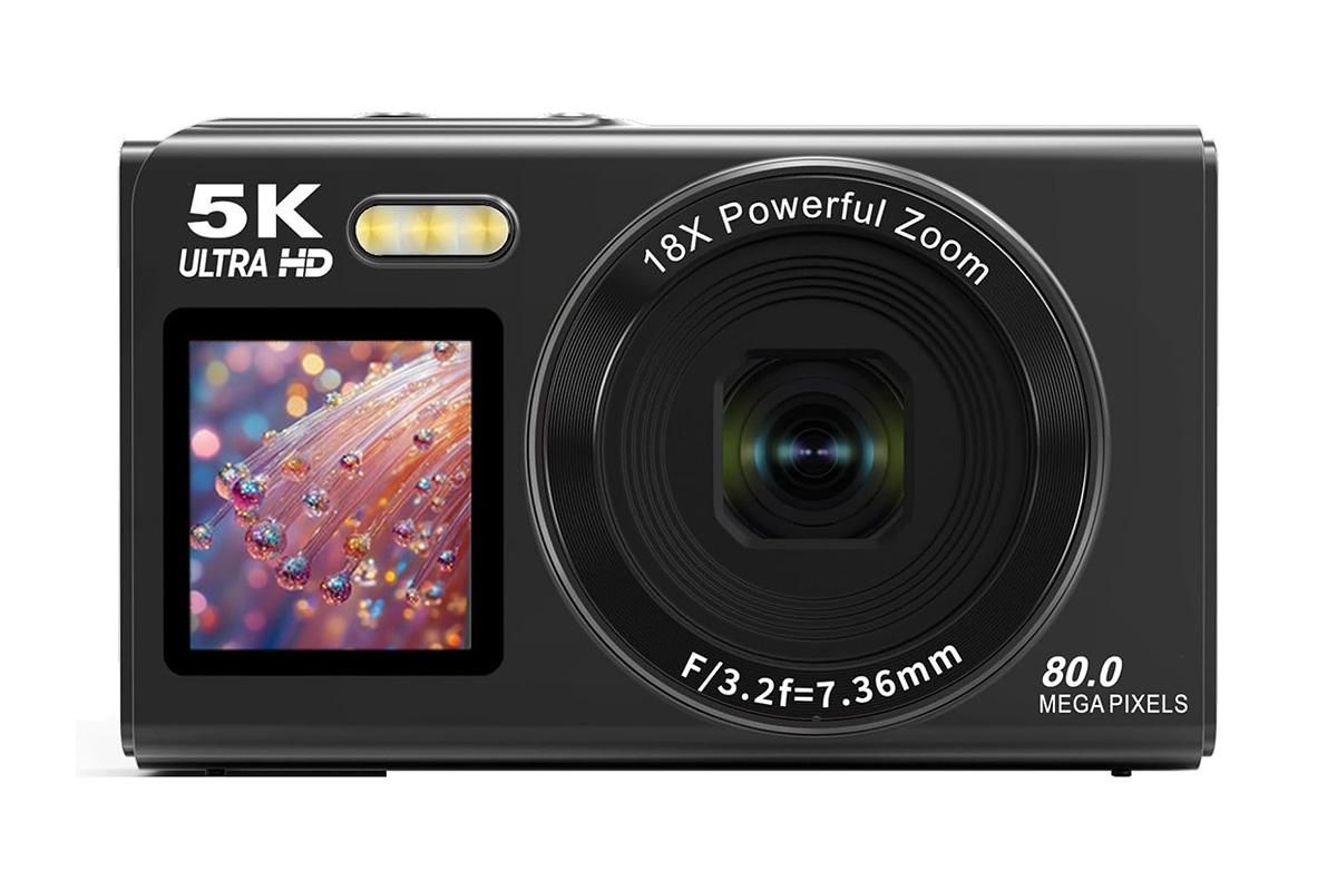 5K HD Dual Screen Digital Camera Point and Shoot Selfie Camera with LED Fill Light - Black