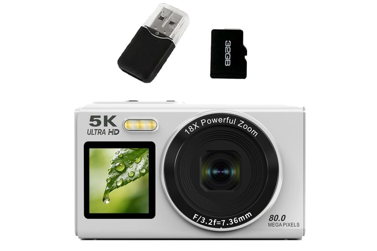 5K HD Dual Screen Digital Camera Point and Shoot Selfie Camera with LED Fill Light - White