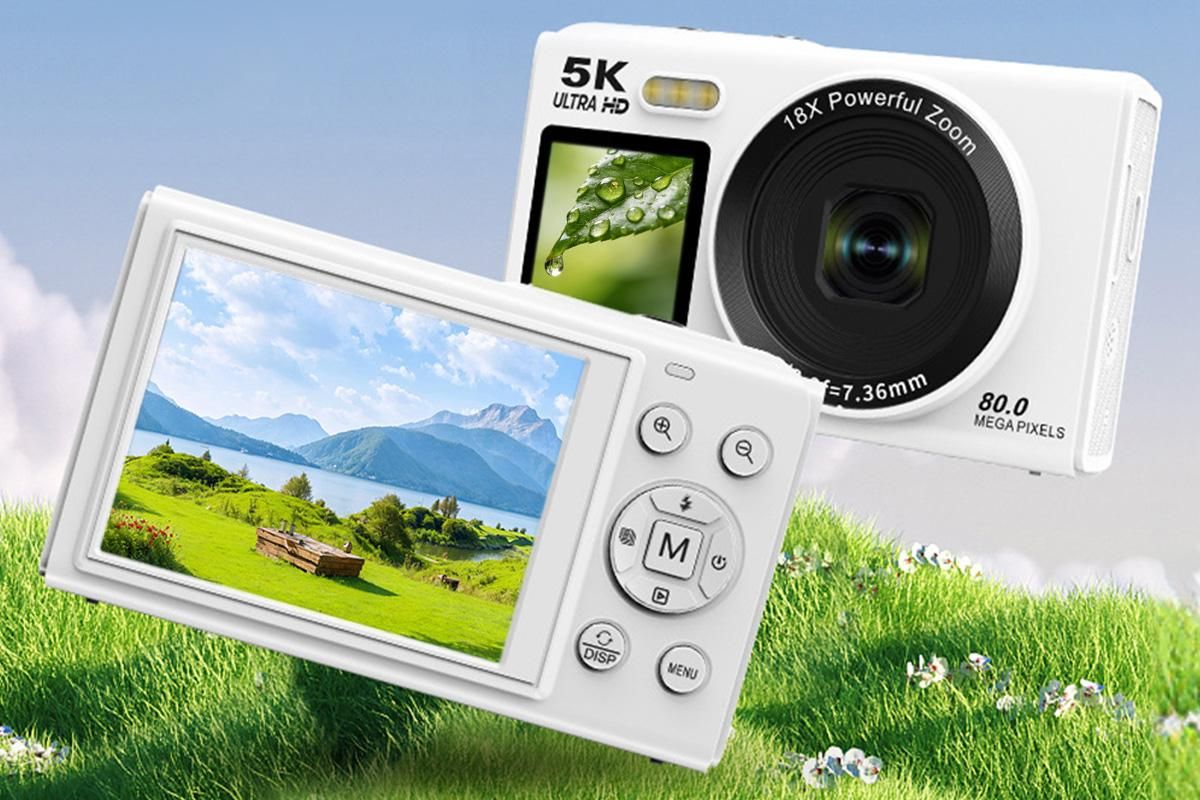 5K HD Dual Screen Digital Camera Point and Shoot Selfie Camera with LED Fill Light - White