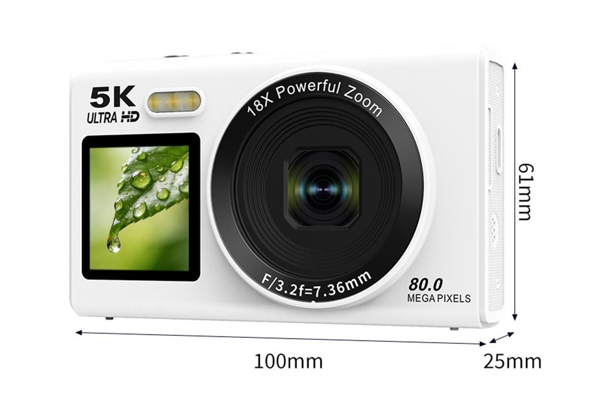 5K HD Dual Screen Digital Camera Point and Shoot Selfie Camera with LED Fill Light - White
