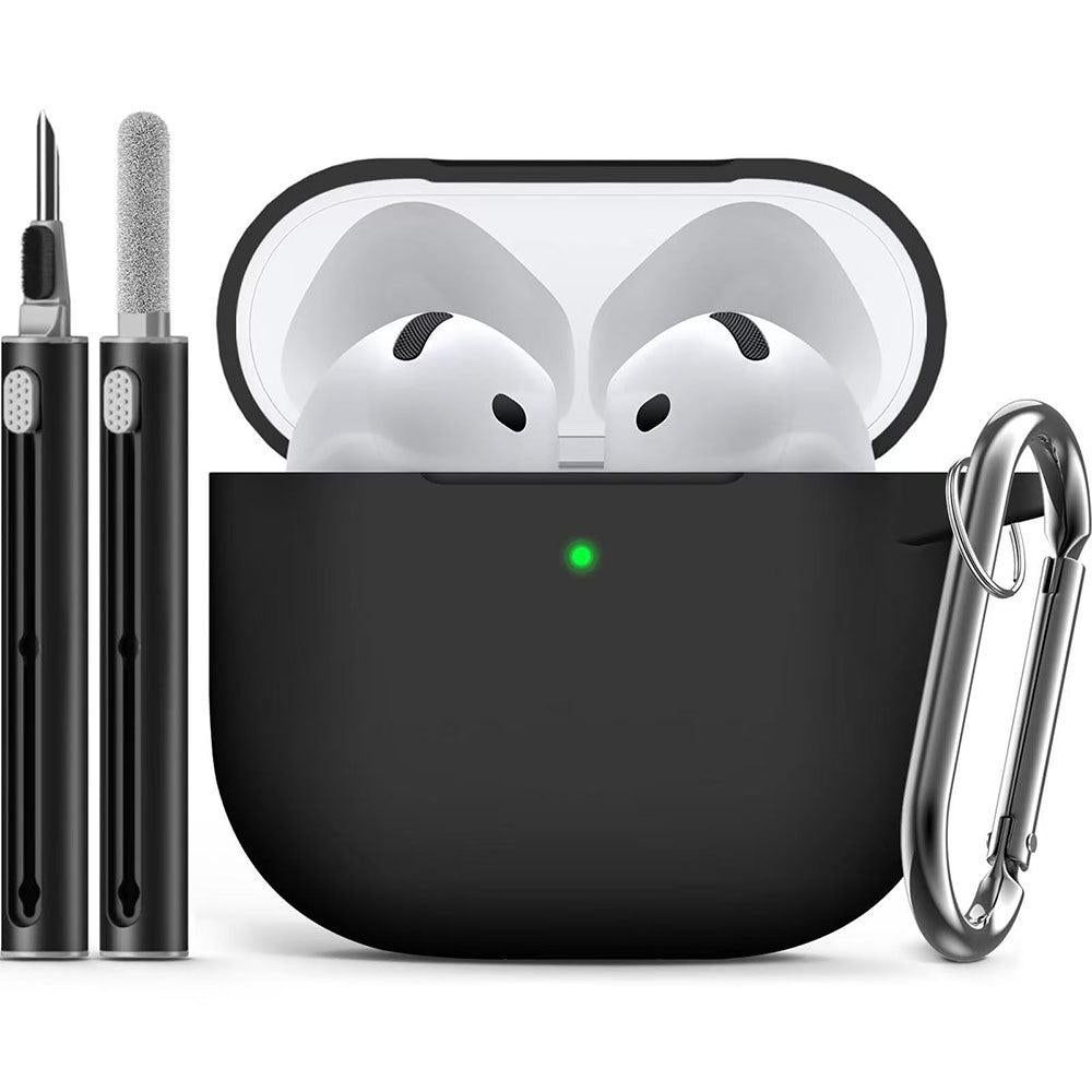 Compatible with Apple Airpods 4 Silicone Full Case Keychain and Cleaner Kit White