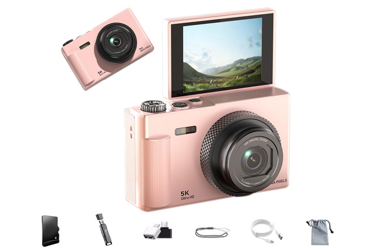 5K Digital Camera 18X Zoom Flip Screen Shoot Camera 64GB Memory Card-Black